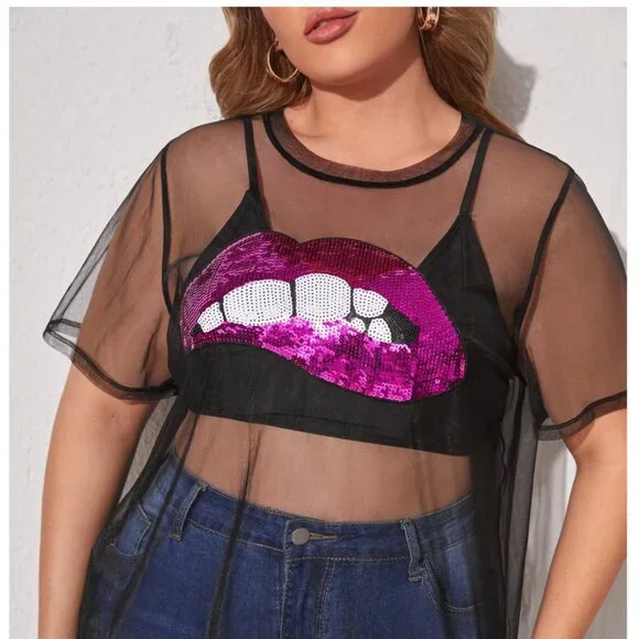 Shein Curve Unity Plus Black Mesh Pink Sequin Tunic Top Sheer 4X - Picture 4 of 11
